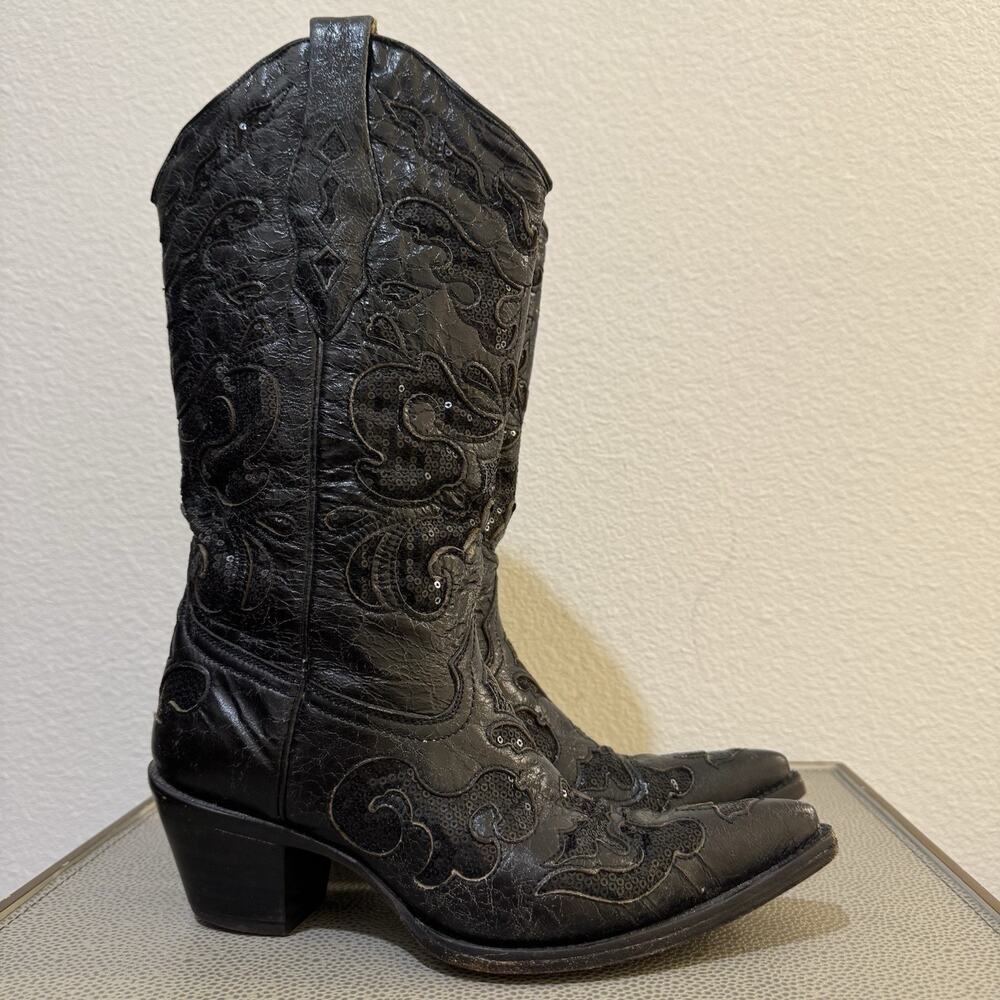 Corral Cowhide Inlay Snip Toe Sparkly Black Sequin Cowboy Boots Shoes Size 6.5M